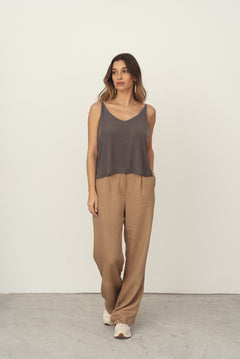Naz women's cupro top with a v-neckline and thin straps in grey. Made in Portugal. 