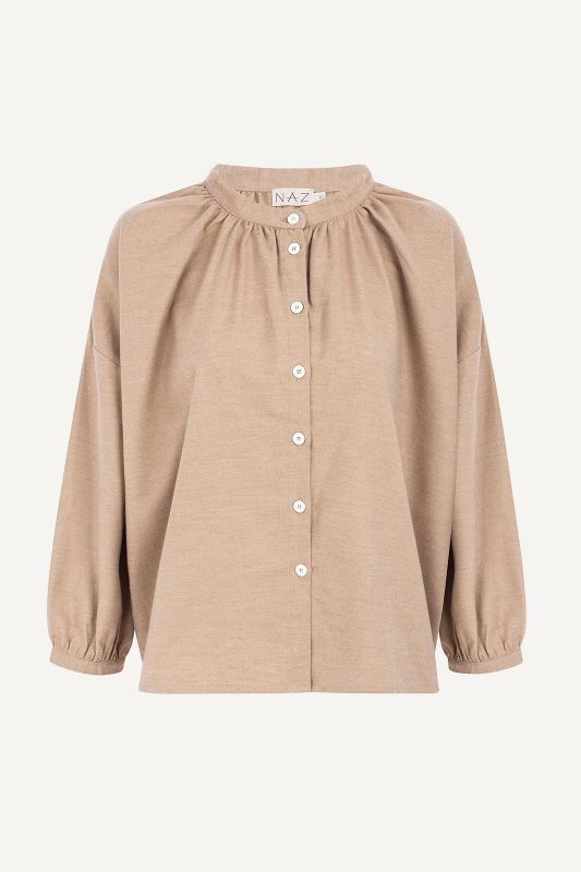 Naz women's blouse for winter in beige. Made from a blend of cotton and cashmere, ethically produced in Portugal.  