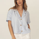 short-sleeve women tencel  spring light blue shirt