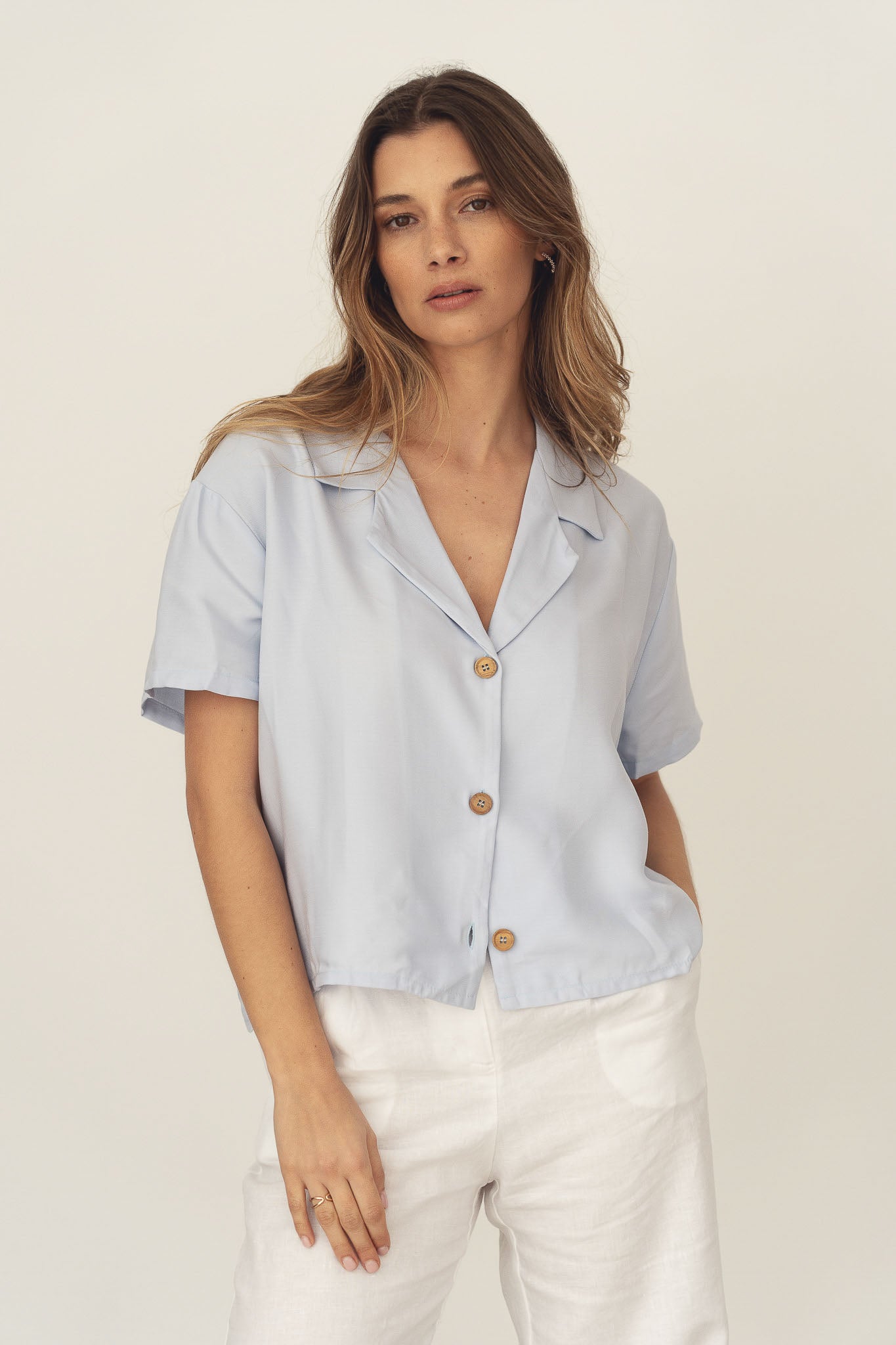 short-sleeve women tencel  spring light blue shirt