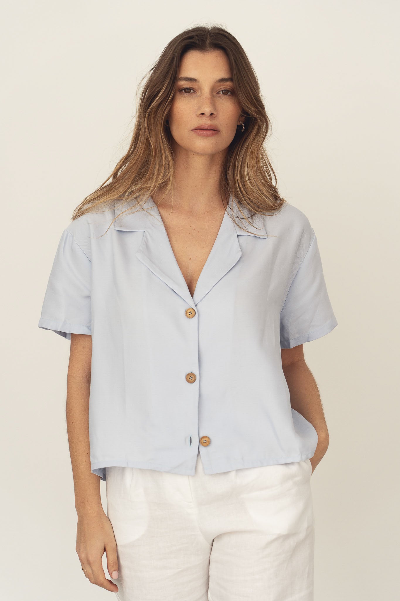 short-sleeve women tencel buttoned spring light blue shirt