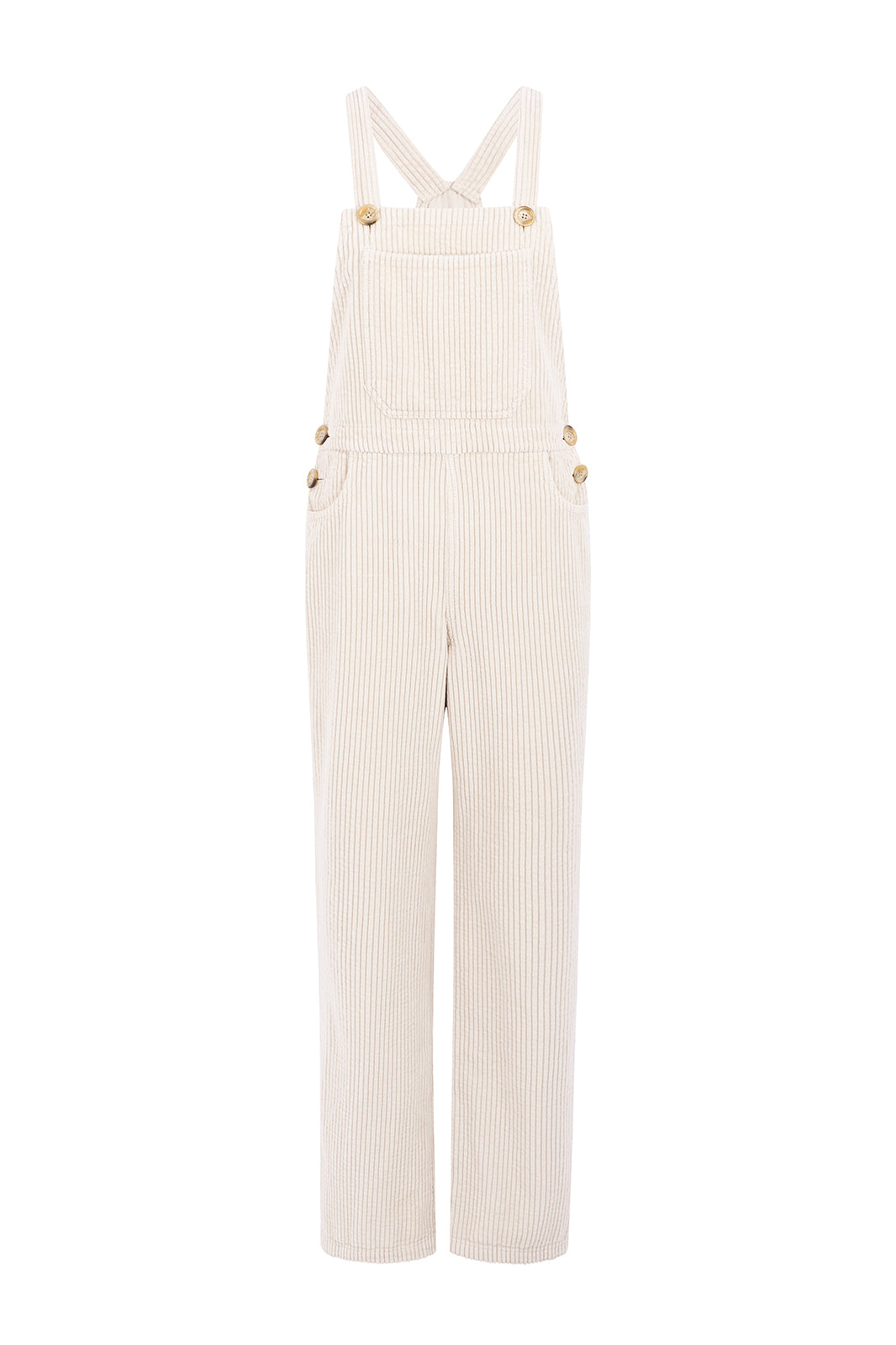 Naz women's corduroy overalls in white with elastic on the back.