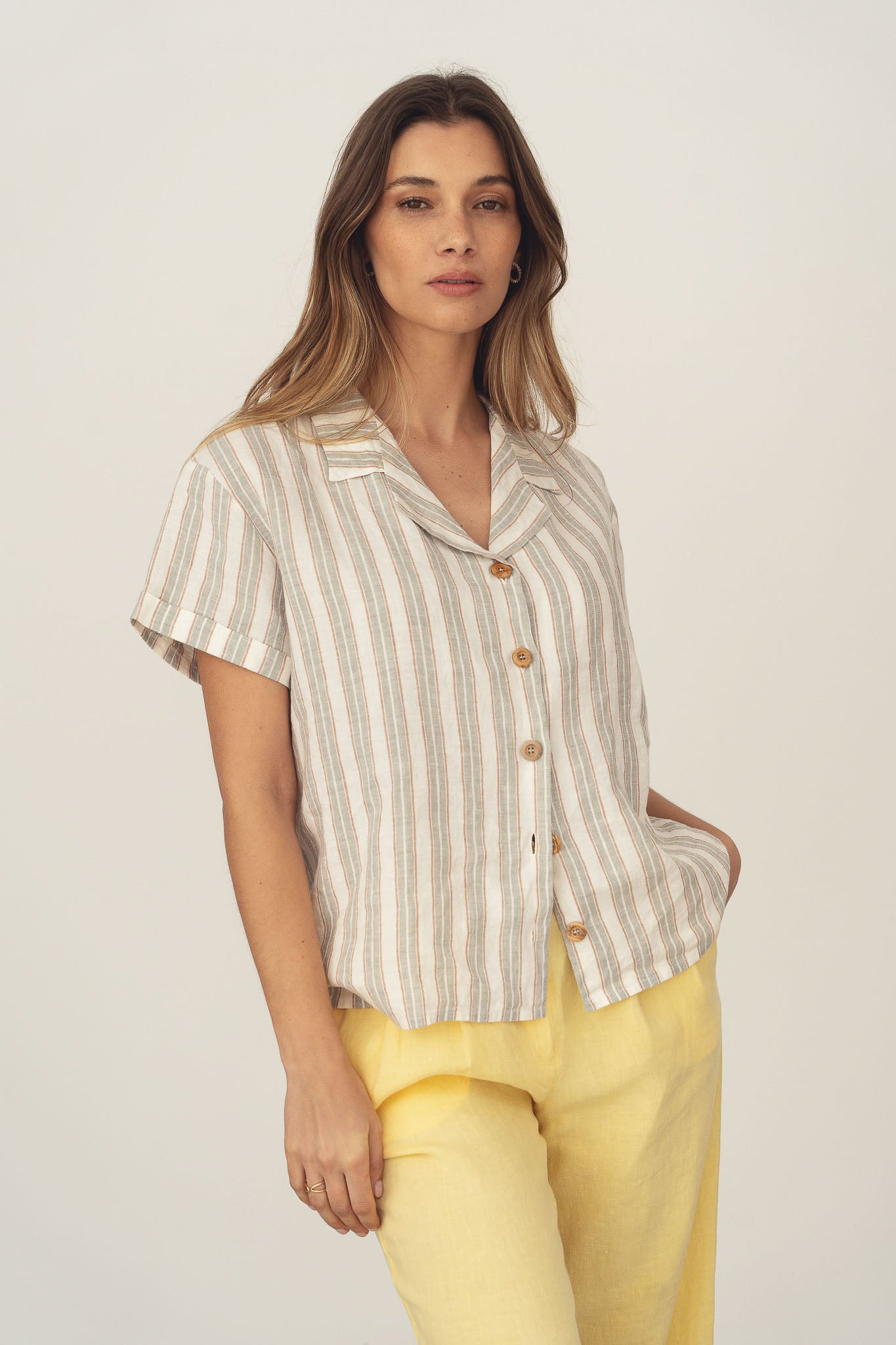 naz women short sleeved cotton grey stripes shirt spring