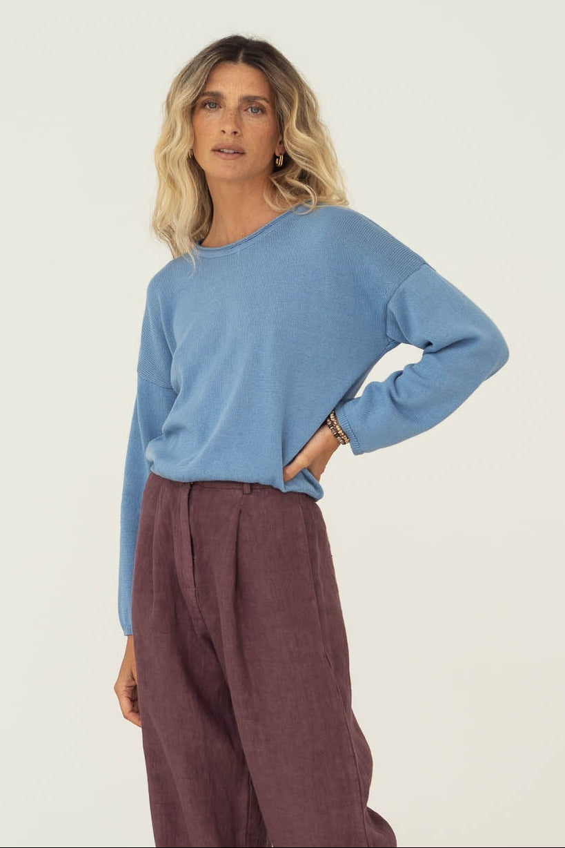 Boat Neck Spring Cotton Sweater in Soft Blue