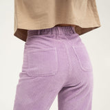 Lilac cotton corduroy trousers, women's, with zipper and elastic waist. Made in Portugal. 