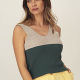 Naz women's summer knit top in green and beige. Features a deep v-neckline. Made sustainably in Portugal from recycled fibers. 