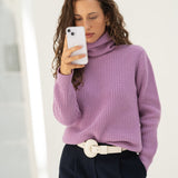 Naz women's chunky knit turtleneck made from 100% recycled fibers in lilac. Made in Portugal