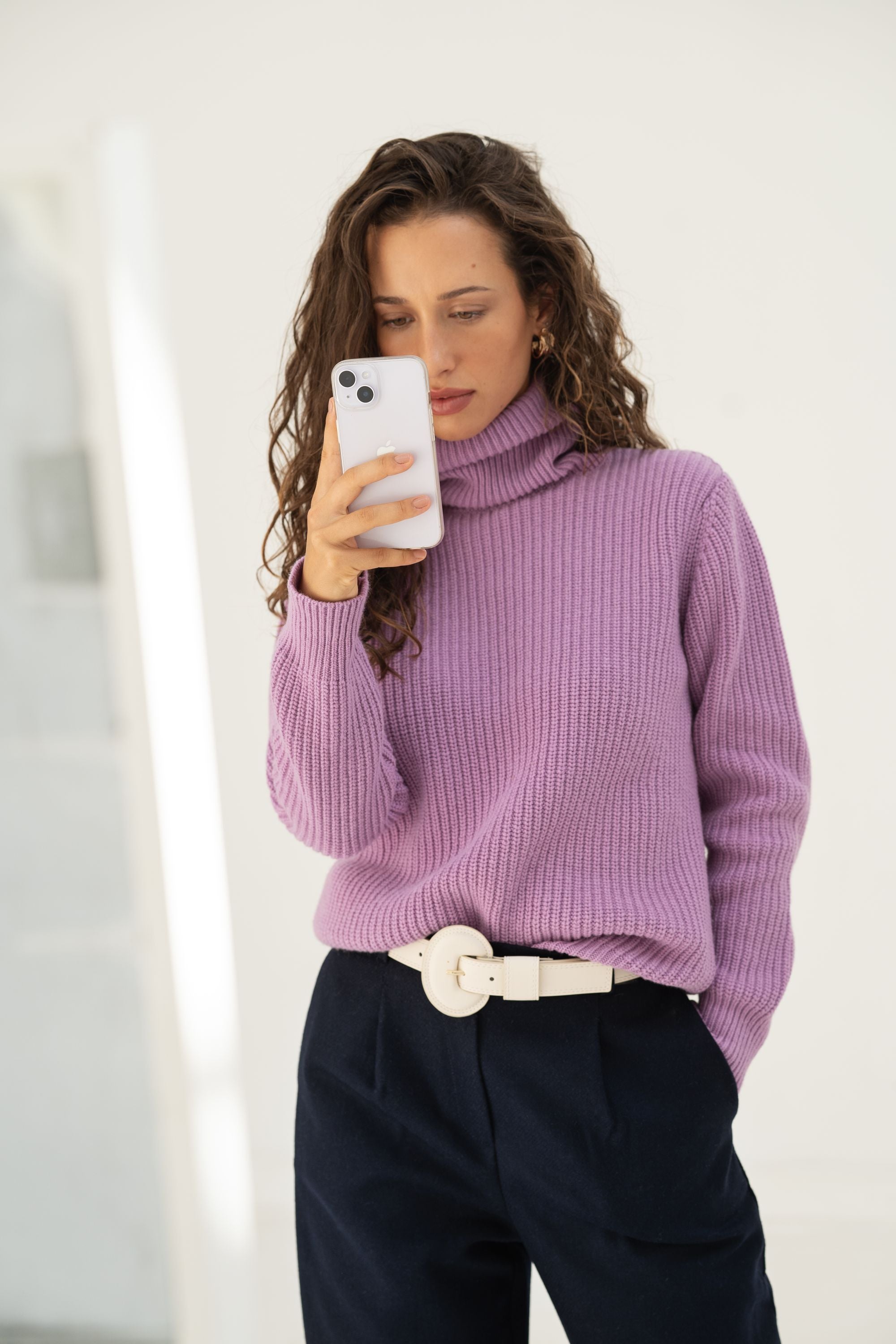Naz women's chunky knit turtleneck made from 100% recycled fibers in lilac. Made in Portugal