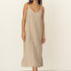 Naz's women's sustainable midi linen dress in beige. Features thin straps, double fabric across the bust with hidden side pockets. 