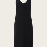 Naz's women's sustainable midi linen dress in black. Delicate straps, double fabric across the bust with hidden side pockets. 