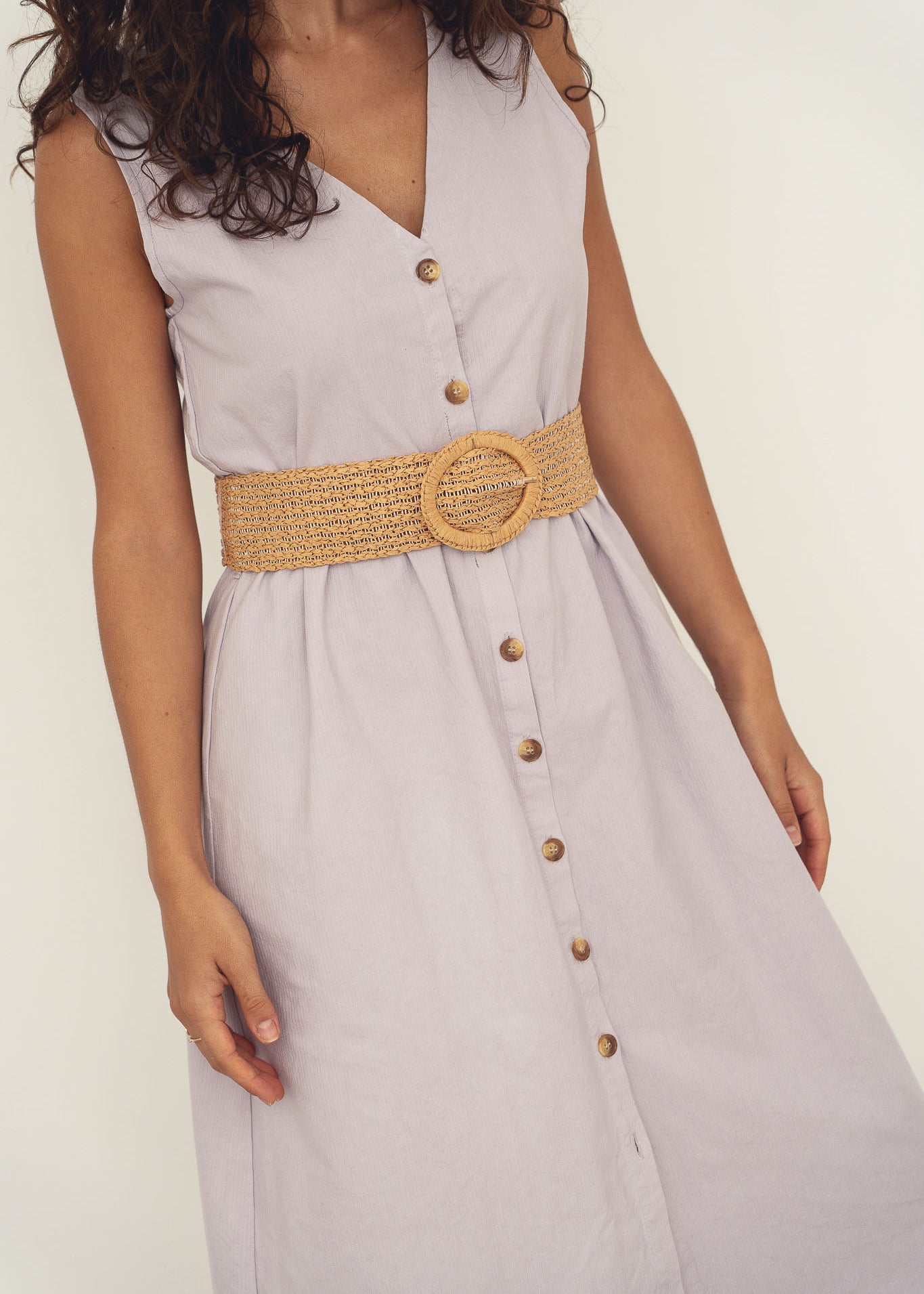 women deadstock cotton v-neckline buttoned front sleeveless lilac summer dress 